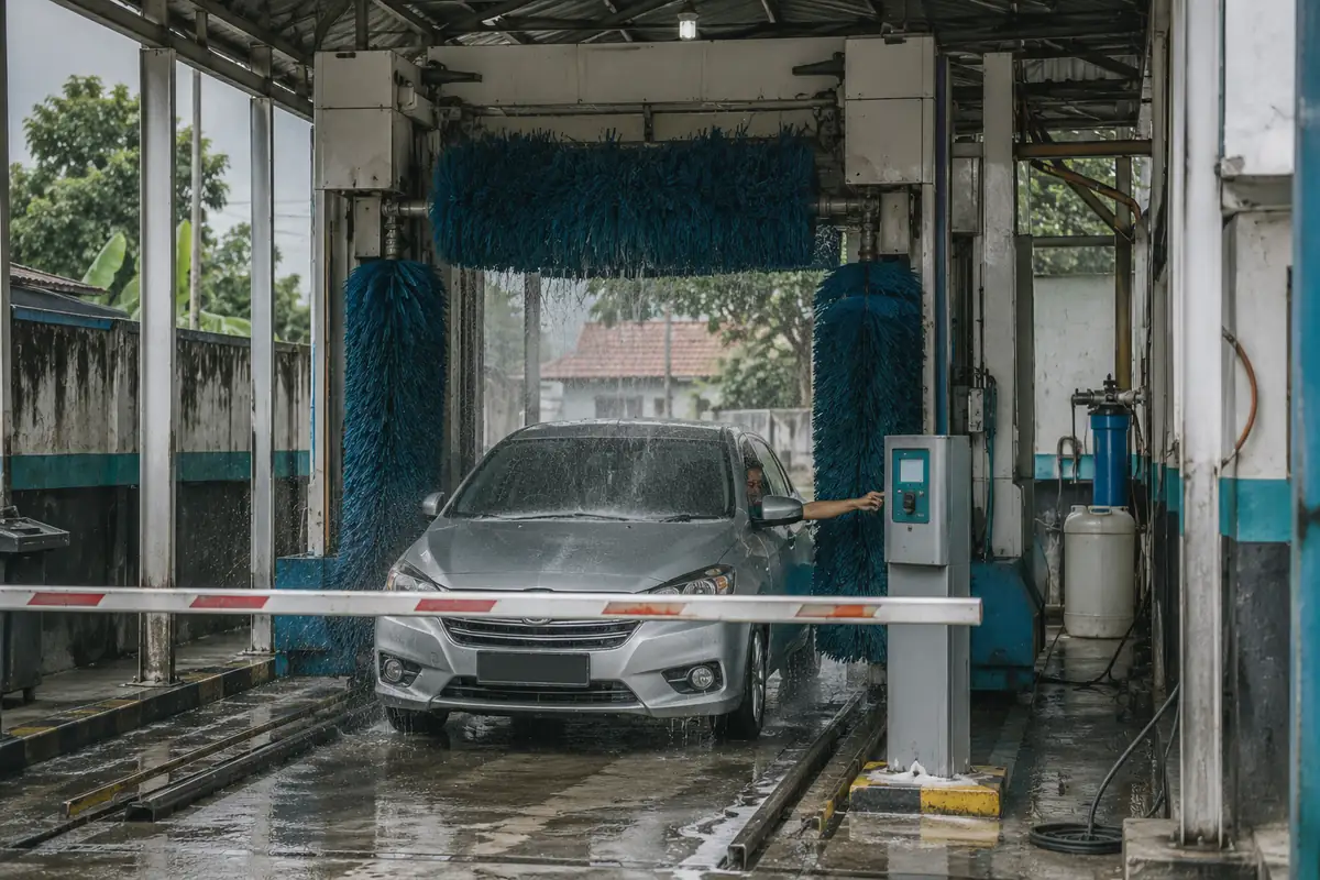 Cuci mobil otomatis dengan gantry sikat biru sedang mencuci sedan.
