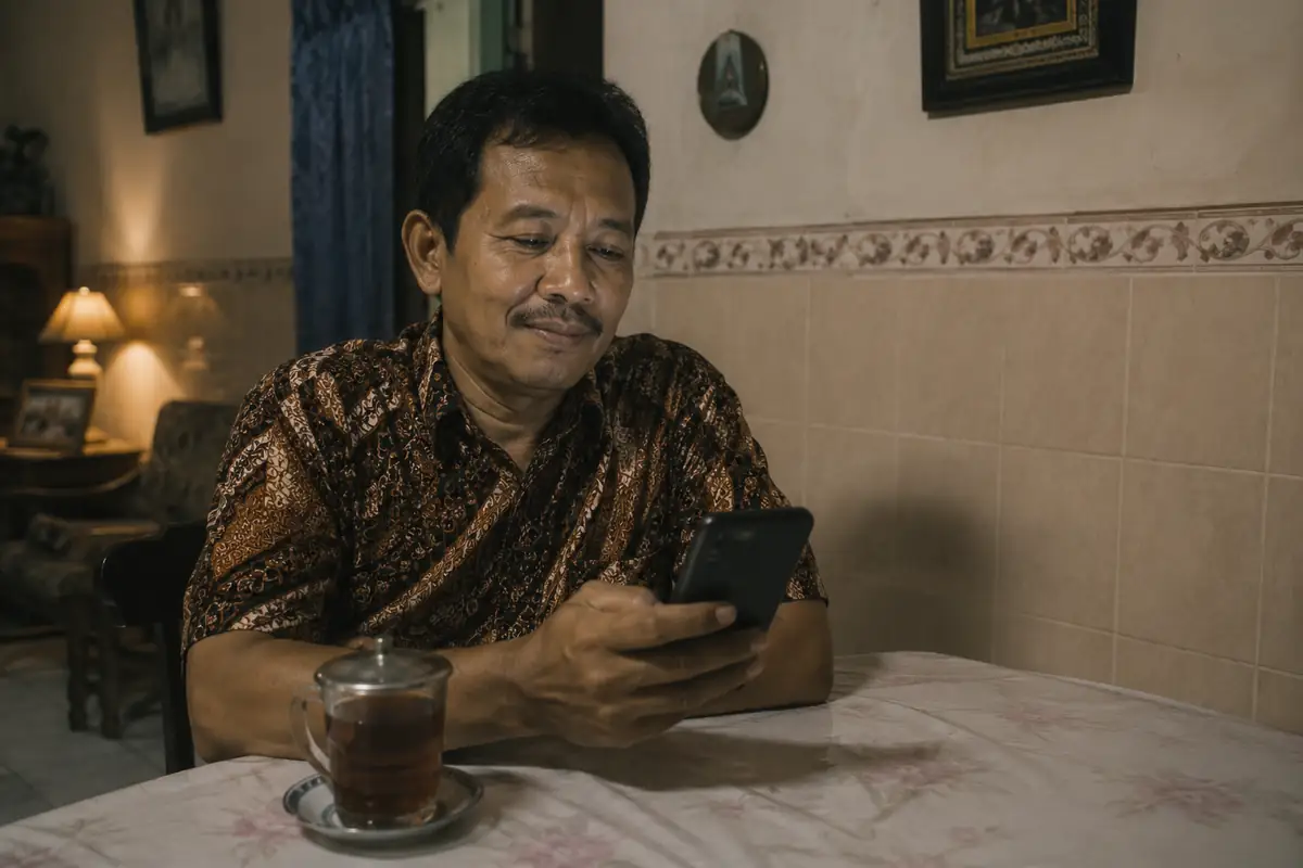 Seorang pria paruh baya berkemeja batik duduk santai di meja makan rumah sambil melihat layar ponselnya di malam hari.