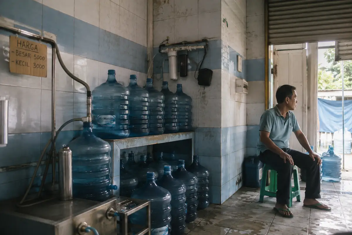 Bagian dalam depot air minum isi ulang di Indonesia, galon biru tersusun di dinding, keran pengisian dari baja, lantai keramik.