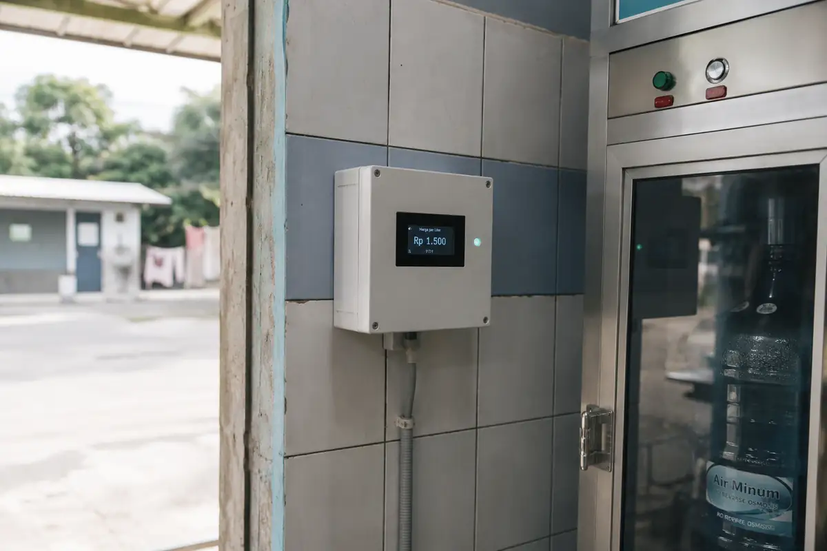 Kotak pengendali OTOMA berwarna putih terpasang di dinding keramik depot air minum, layarnya menampilkan harga, di sebelahnya mesin air minum isi ulang.