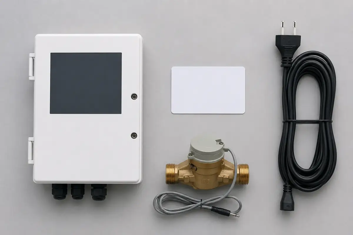 Isi paket OTOMA ditata di atas permukaan abu-abu: kotak pengendali putih berlayar, kartu putih polos, meter air kuningan berkabel sensor, dan kabel listrik yang digulung.