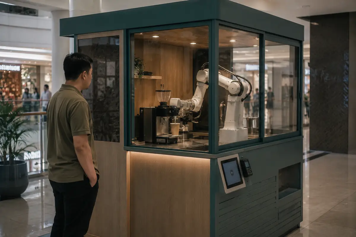 Kios kopi robotik dengan lengan robot di balik kaca menyiapkan gelas kopi.