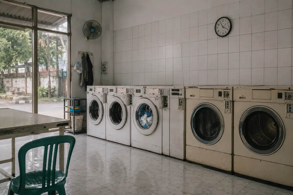 Gerai laundry koin mandiri dengan deretan mesin cuci bukaan depan.