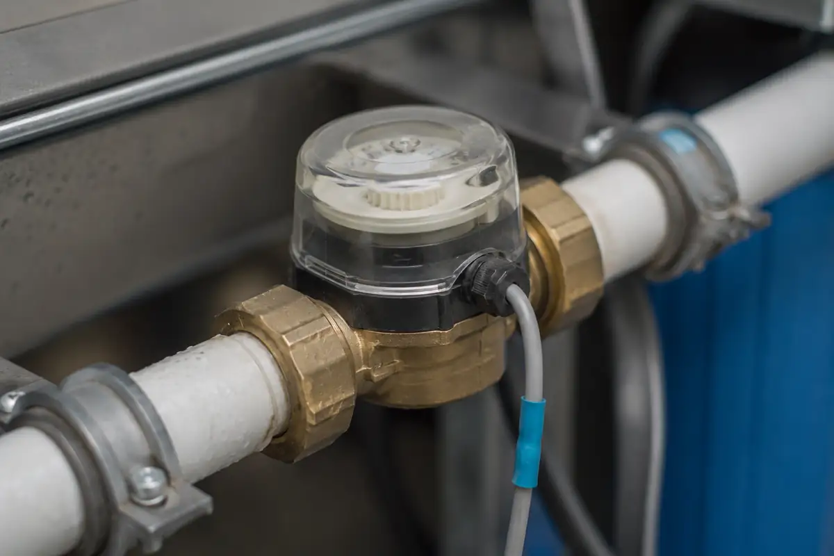 Meter air dari kuningan terpasang pada pipa PVC putih di belakang mesin isi ulang, dengan kabel sensor tipis menempel padanya.