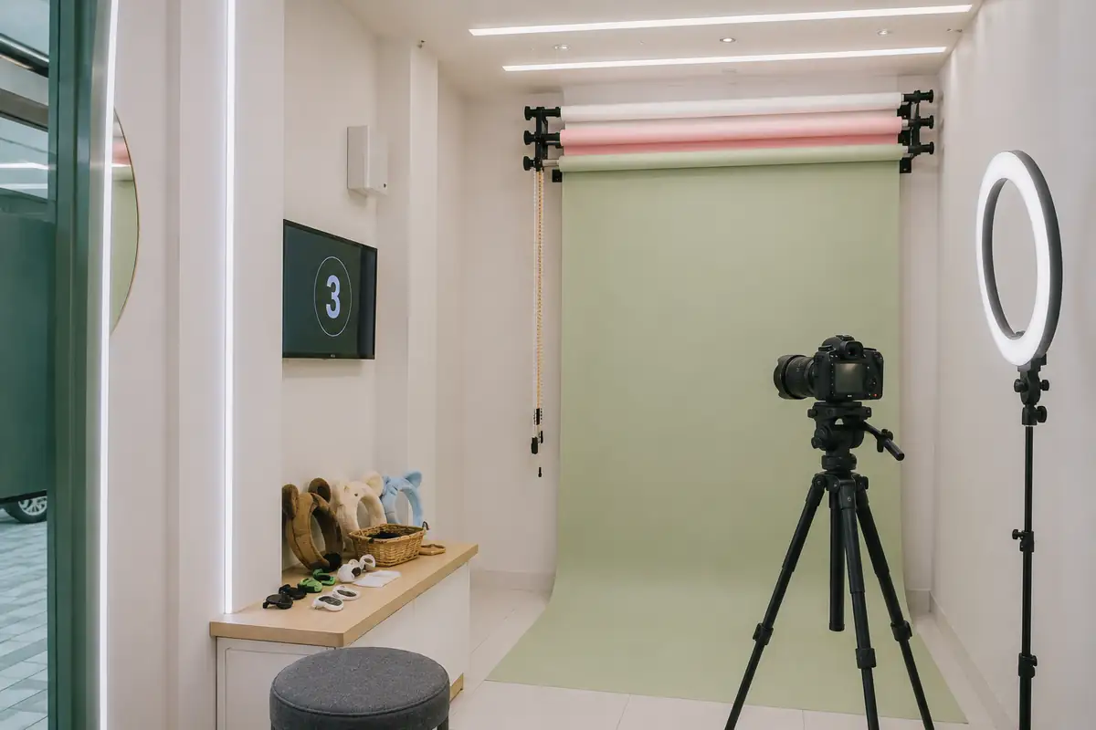 Bilik studio foto mandiri dengan latar polos, kamera di tripod, dan lampu cincin.