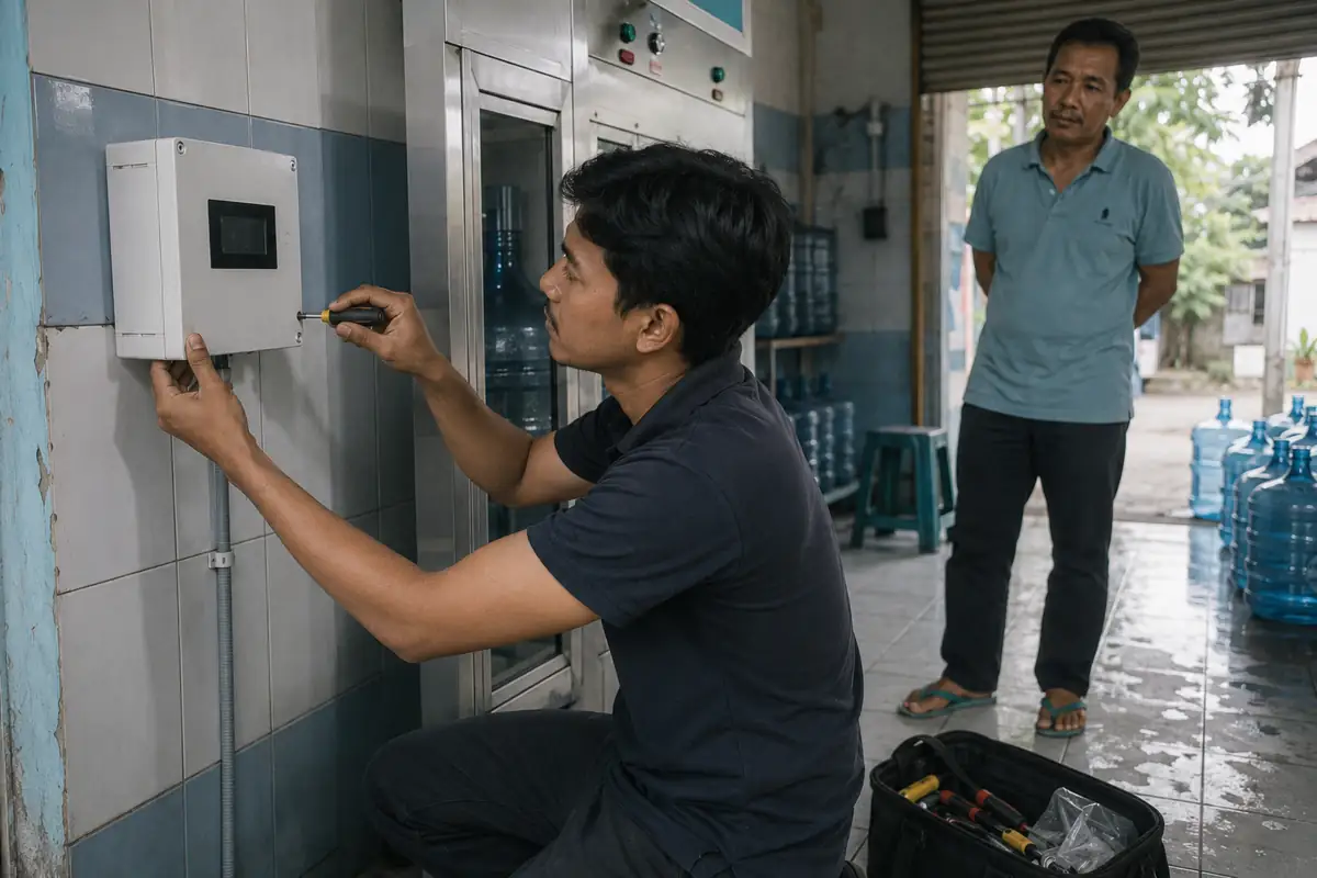 Teknisi muda berkaus kerja gelap berlutut memasang kotak pengendali ke dinding, pemilik toko mengamati dari belakang.