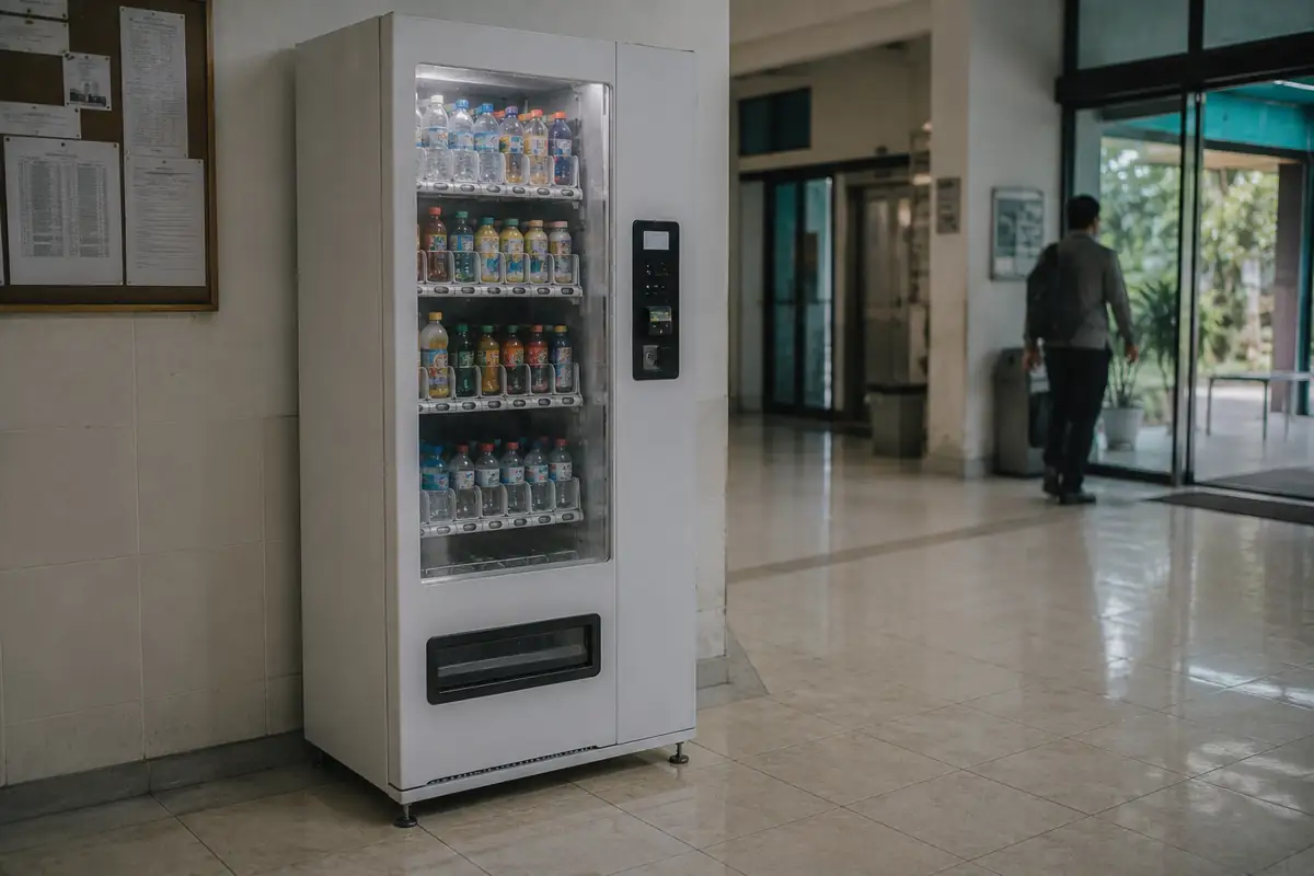Mesin penjual minuman berdiri di koridor gedung perkantoran.